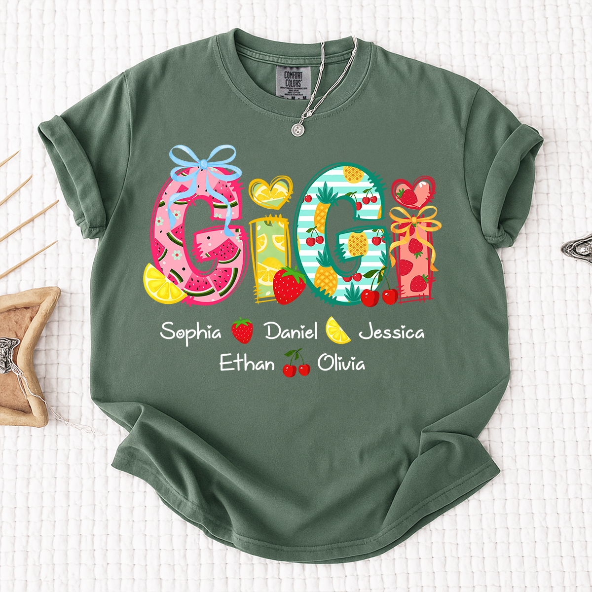 Comfort Colors Custom Gigi Shirt for Grandma, Personalized Family Name T Shirt, Summer Fruit Graphic Tee with Kids Names