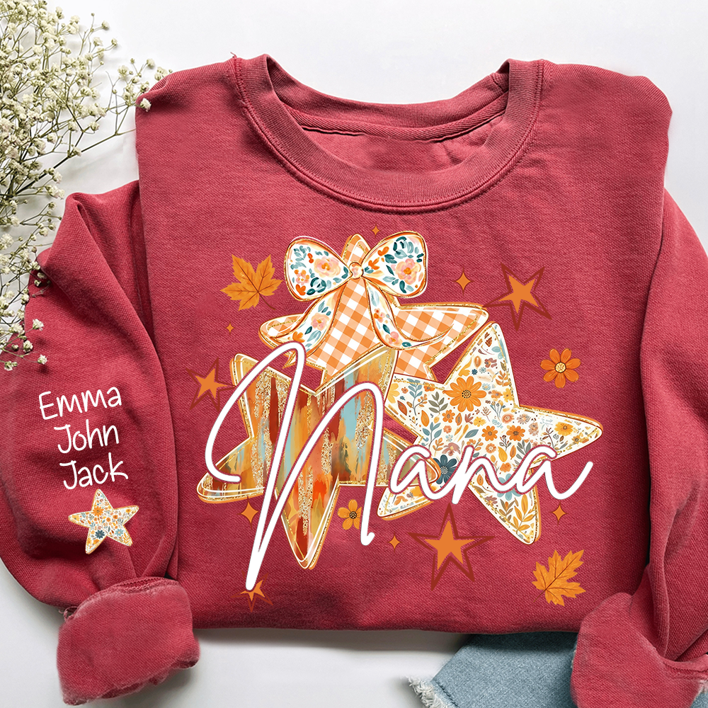 Personalized Nana Shirt for Women, Autumn Star Floral Design Tee, Custom Grandma T Shirt, Cozy Family Gift