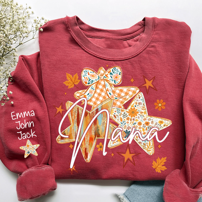 Personalized Nana Shirt for Women, Autumn Star Floral Design Tee, Custom Grandma T Shirt, Cozy Family Gift
