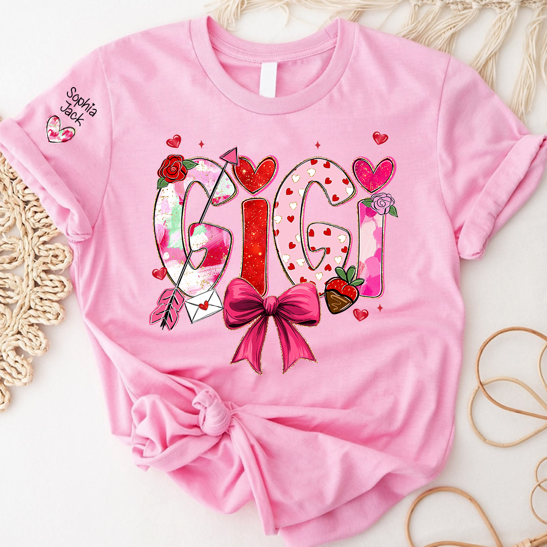 Personalized Gigi Valentine T-shirt, Cute Bow and Strawberry Design for Grandma and Kids
