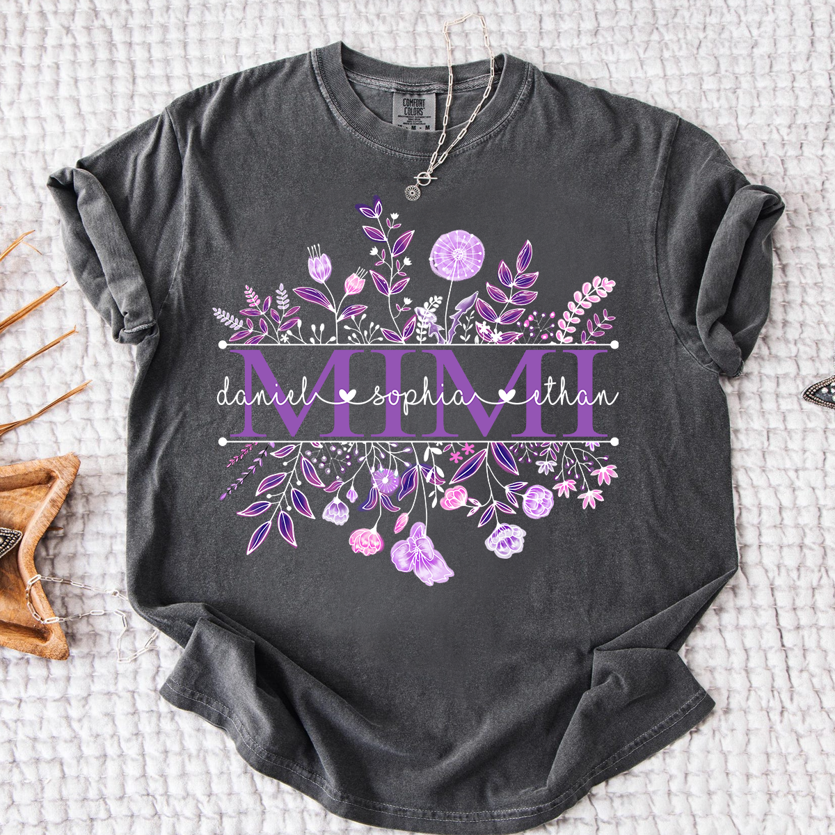 Comfort Colors Personalized MIMI T Shirt, Customizable with Family Names, Stunning Floral Design with Purple Flowers
