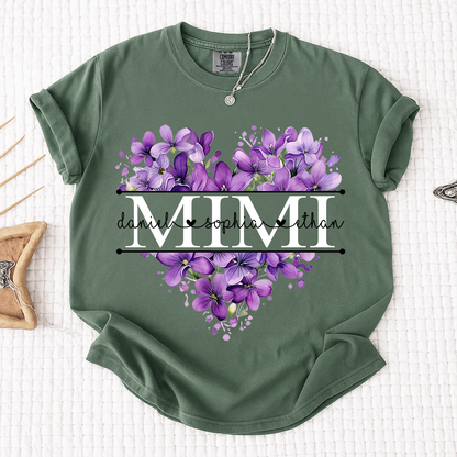 Comfort Colors Purple Floral Heart Mimi Shirt, Personalized Family Names and Violet Flower Design T Shirt