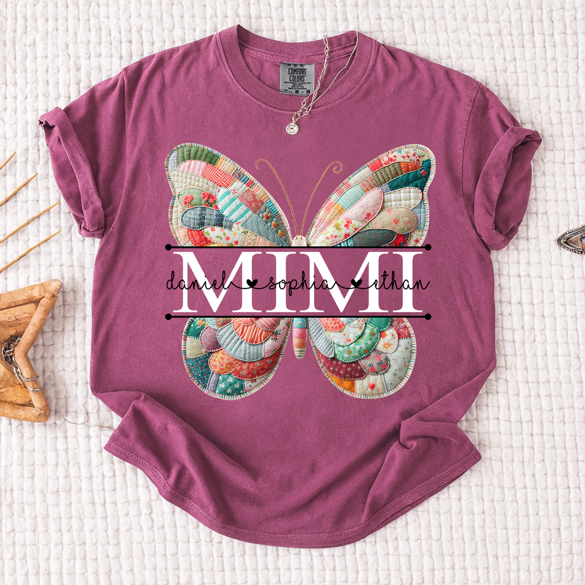 Custom Mimi T Shirt with Butterfly Patchwork Graphic, Personalized Family Names Tee