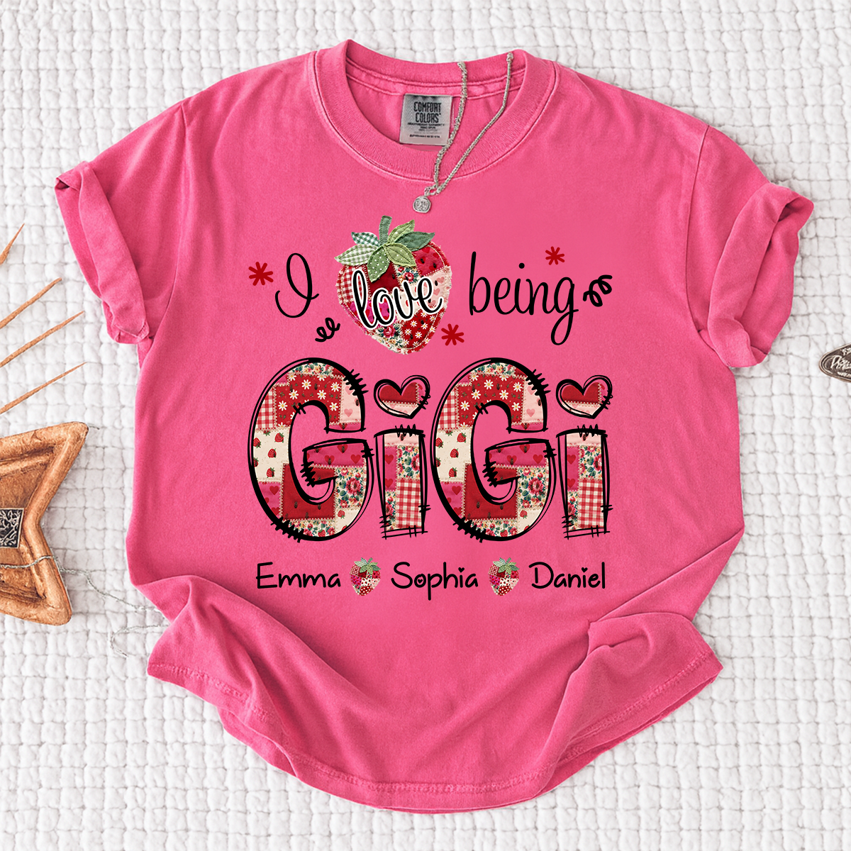 Comfort Colors Personalized I Love Being Gigi Shirt, Custom Grandma Strawberry Patchwork Tee with Names, Gift for Grandma