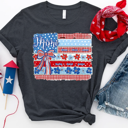 Patriotic Mimi Shirt with Grandkids Names Custom Family Shirt Featuring American Flag and Floral Bow Design