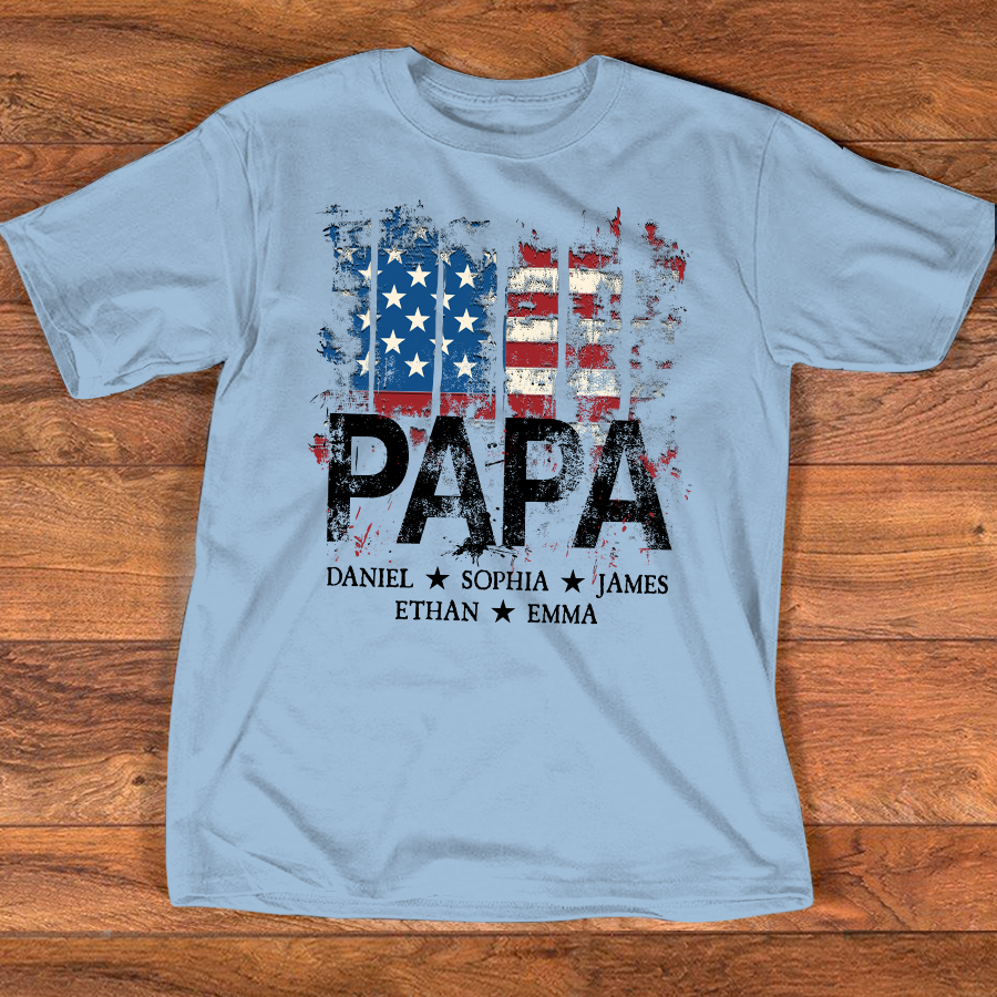 Custom Papa Shirt with Distressed USA Flag – Personalized Father Gift Featuring Grandkids or Kids Names