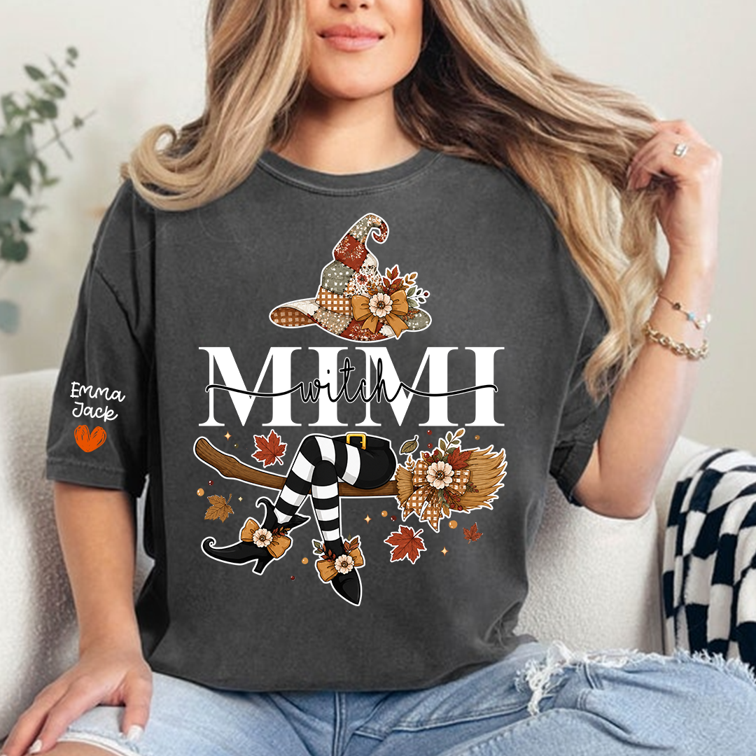 Funny Mimi Witch Shirt, Fall Halloween Grandma Graphic Tee, Personalized Family Names T Shirt, Cozy Autumn Gift for Mimi
