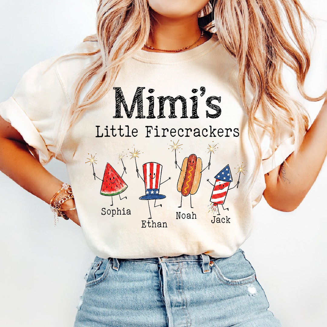 Personalized Mimi's Little Firecrackers Shirt, Custom Grandma Tee with Grandkids Names, Patriotic 4th of July Family Shirt for Mimi