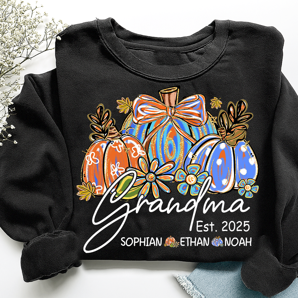 Fall Pumpkin Print Sweatshirt with Pumpkin Brush Pattern, Custom Gifts for Grandma and Grandchild
