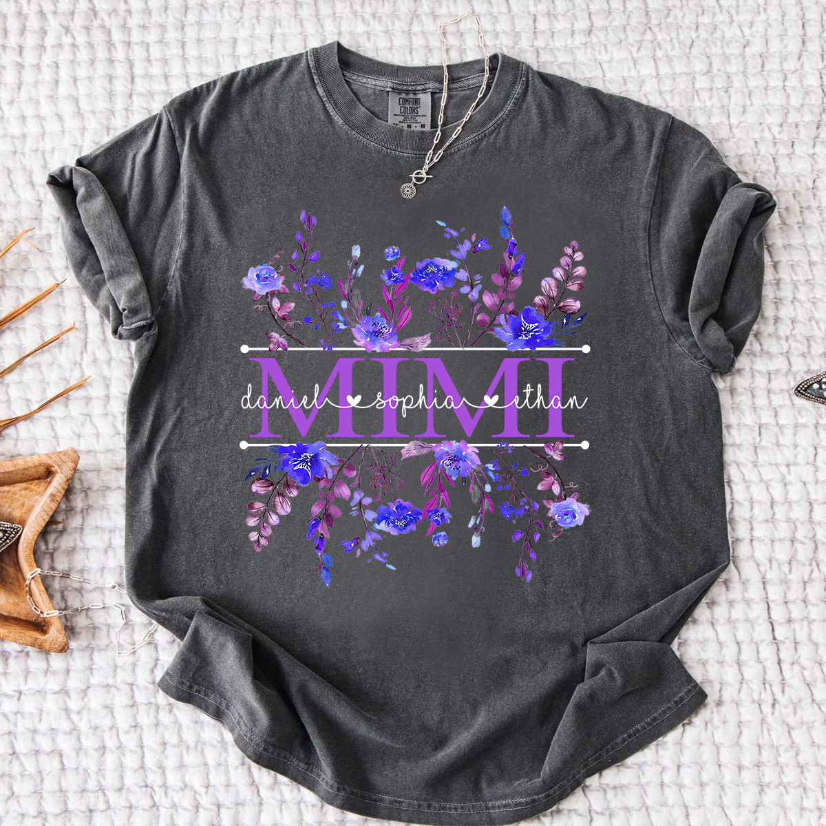 Comfort Colors Personalized Mimi Shirt with Purple Wildflower Design – Custom Grandma Gift with Grandkids Names