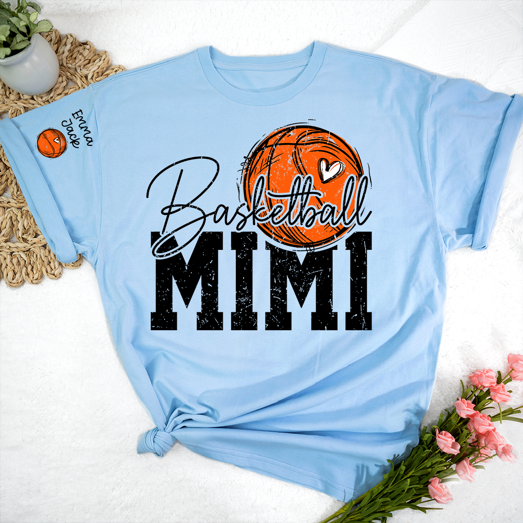 Basketball Mimi T Shirt with Custom Names, Basketball Heart and Hoop Design