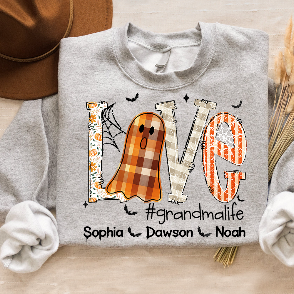 Personalized Grandma Halloween Outfit, Cute Ghost Sweatshirt with Grandkids Names