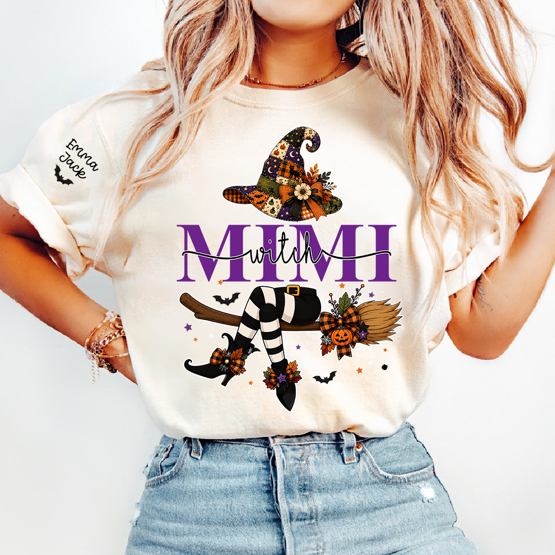 Personalized Grandma Mimi Halloween Shirt, Cute Witch and Pumpkin Design Tee, Custom Grandchildren Names T Shirt