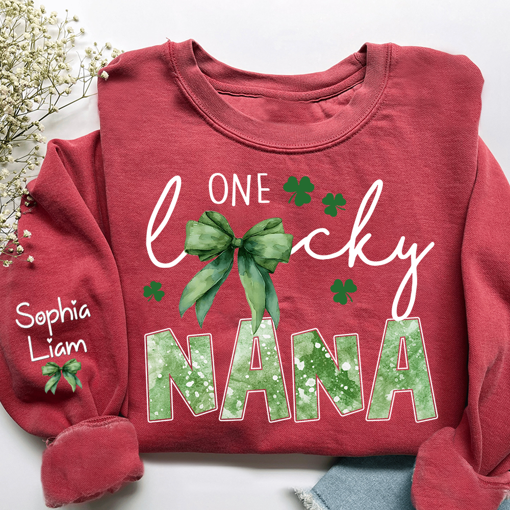 One Lucky Nana Sweatshirt for St Patrick’s Day, Personalized Grandma Shamrock Clover Sweatshirt with Kids Names