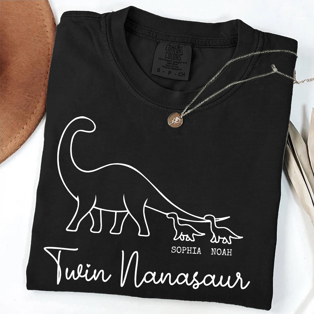 Comfort Colors® Twin Nanasaur Shirt, Personalized Dinosaur Grandma Tee, Custom Grandkids Names T Shirt, Fun Dino Grandma Gift