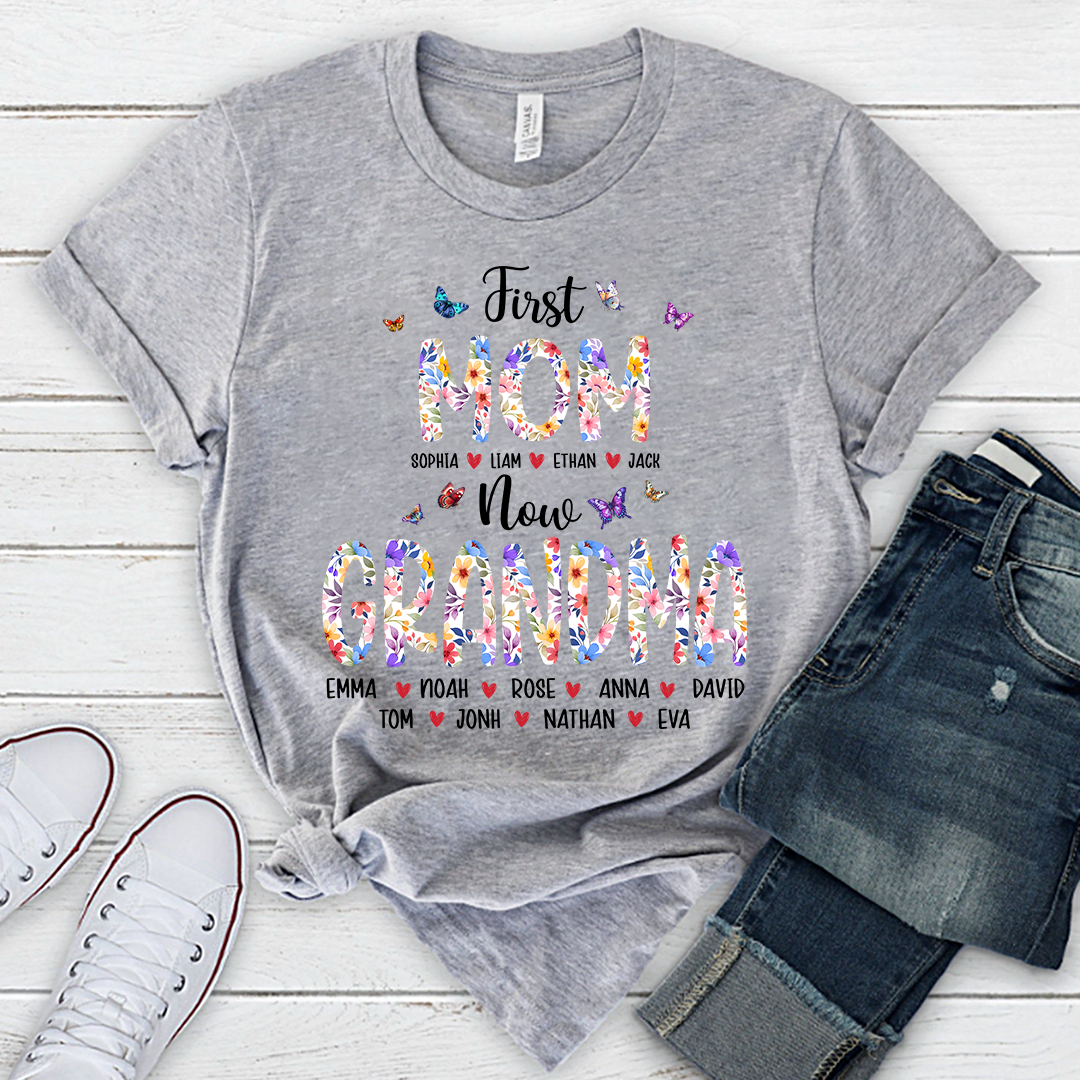 First Mom I Love Grandma Shirt, Personalized Grandma T-Shirt with Custom Family Names