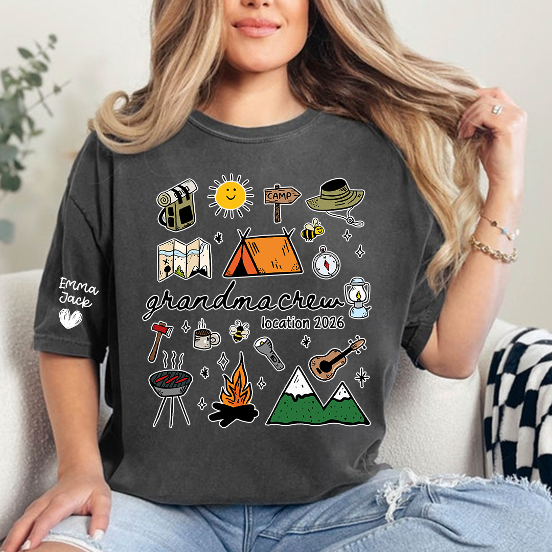Custom Grandma Crew Camping T Shirt, Personalized Family Names Sleeve Design, Outdoor Adventure Tee for Grandma, Camp Lover Gift