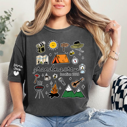 Custom Grandma Crew Camping T Shirt, Personalized Family Names Sleeve Design, Outdoor Adventure Tee for Grandma, Camp Lover Gift