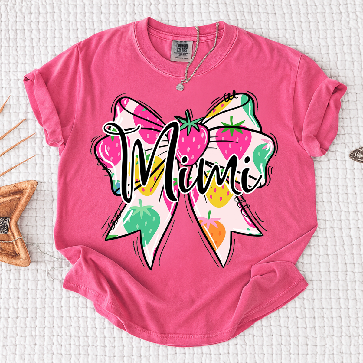 Comfort Colors® Mimi Strawberry Bow Shirt, Cute Grandma Bow Shirt for Women, Fruit Pattern Mimi Tee, Gift for Mimi And Kids