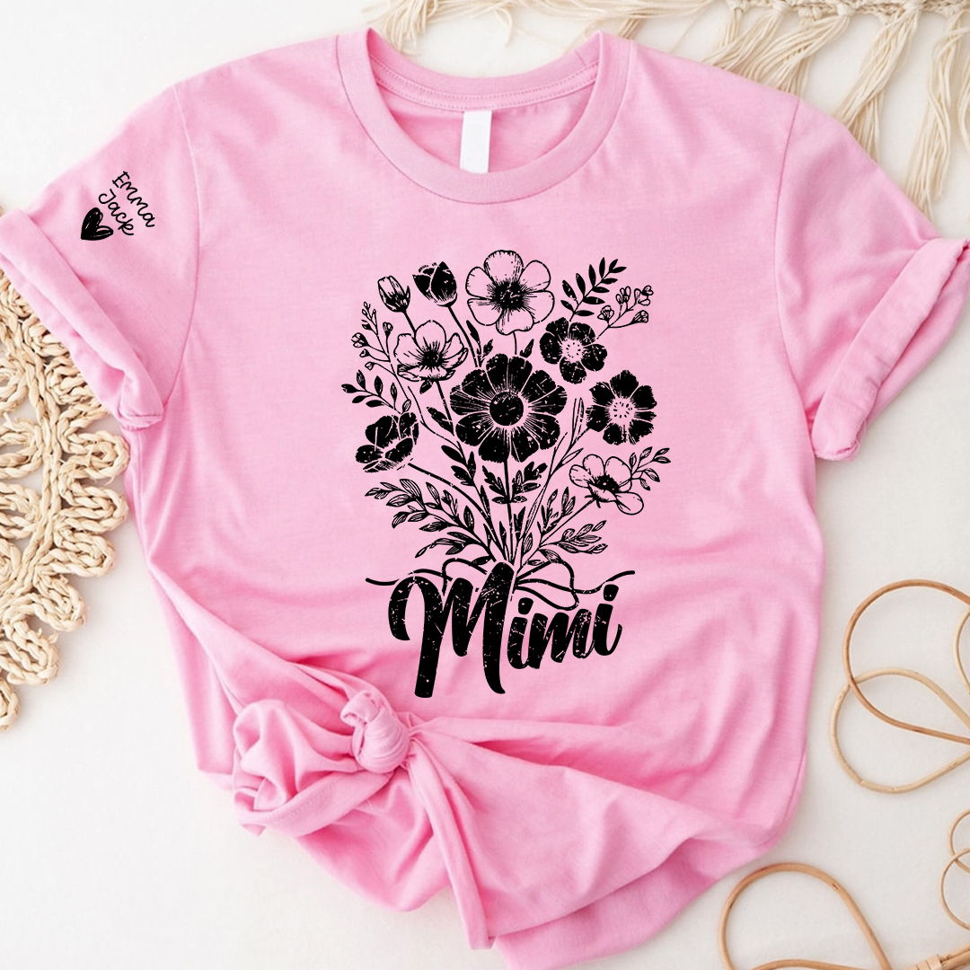 Personalized Mimi Shirt with Vintage Flower Graphic, Custom Names Family Gift