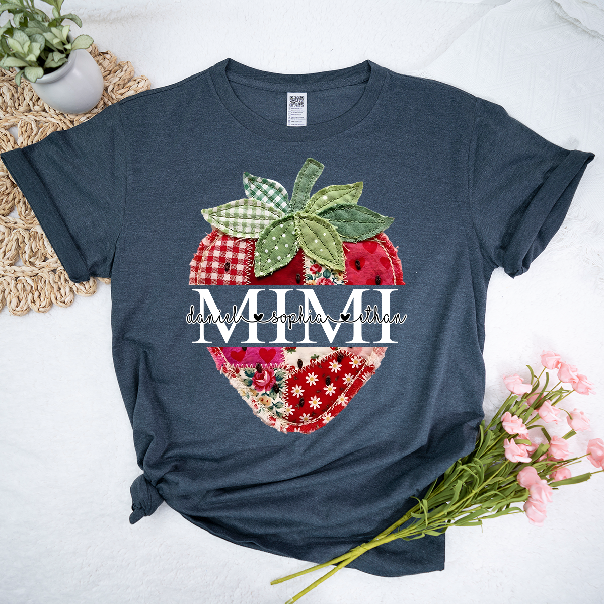 Personalized Mimi Shirt with Kids Names, Vintage Strawberry Patchwork Design Tee, Cute Grandma Gift for Summer