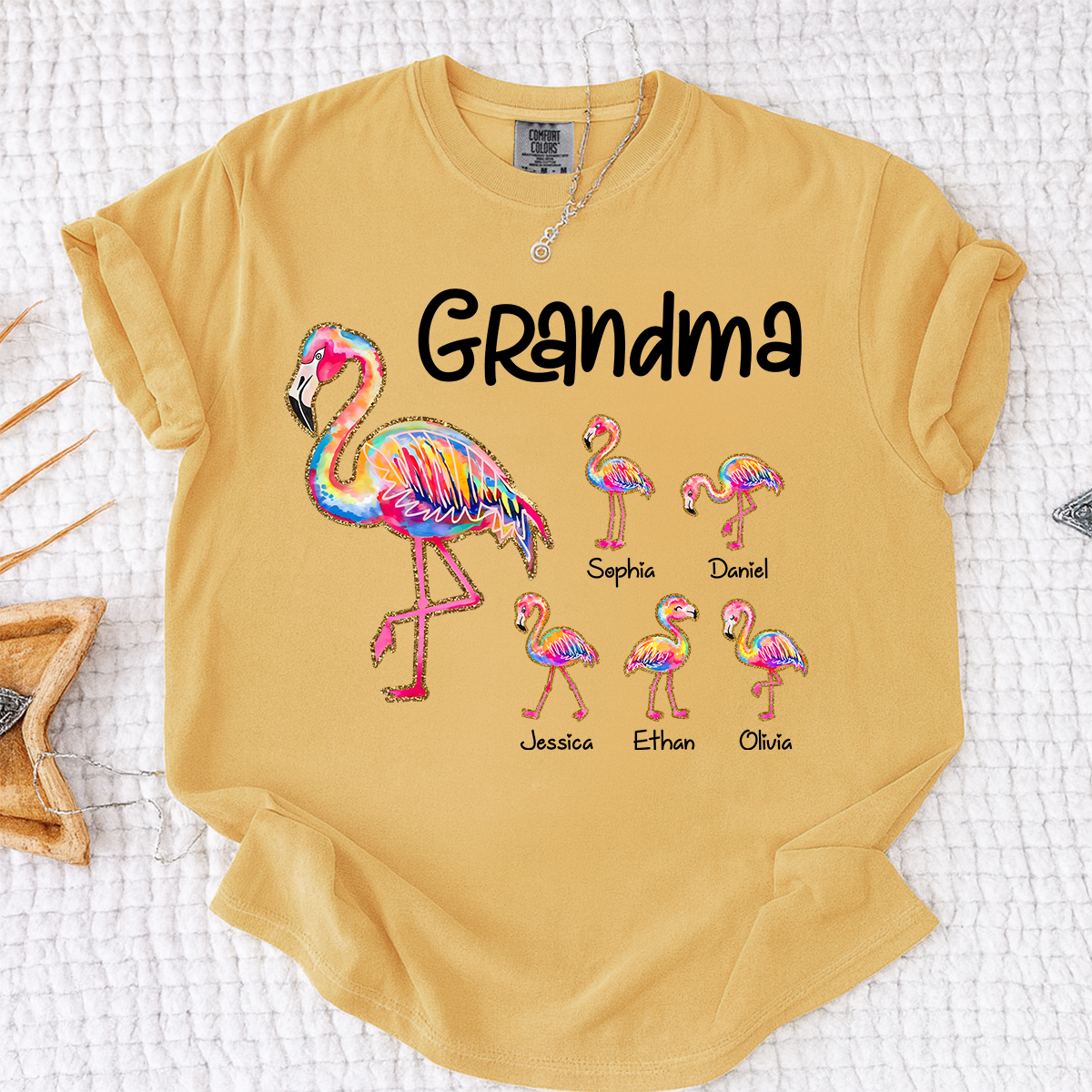 Comfort Colors Custom Grandma Flamingo Tee with Kids Names, Personalized Tropical Bird Shirt for Women, Summer Vacation Family Gift