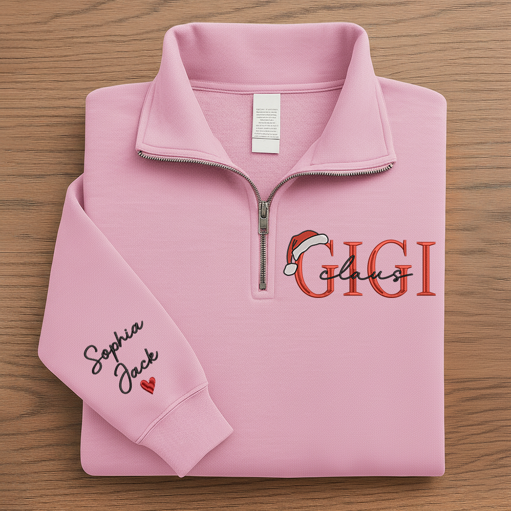Personalized Christmas Gigi Claus Zip Embroidered Sweatshirt – Custom Grandma Gift With Grandkids Names