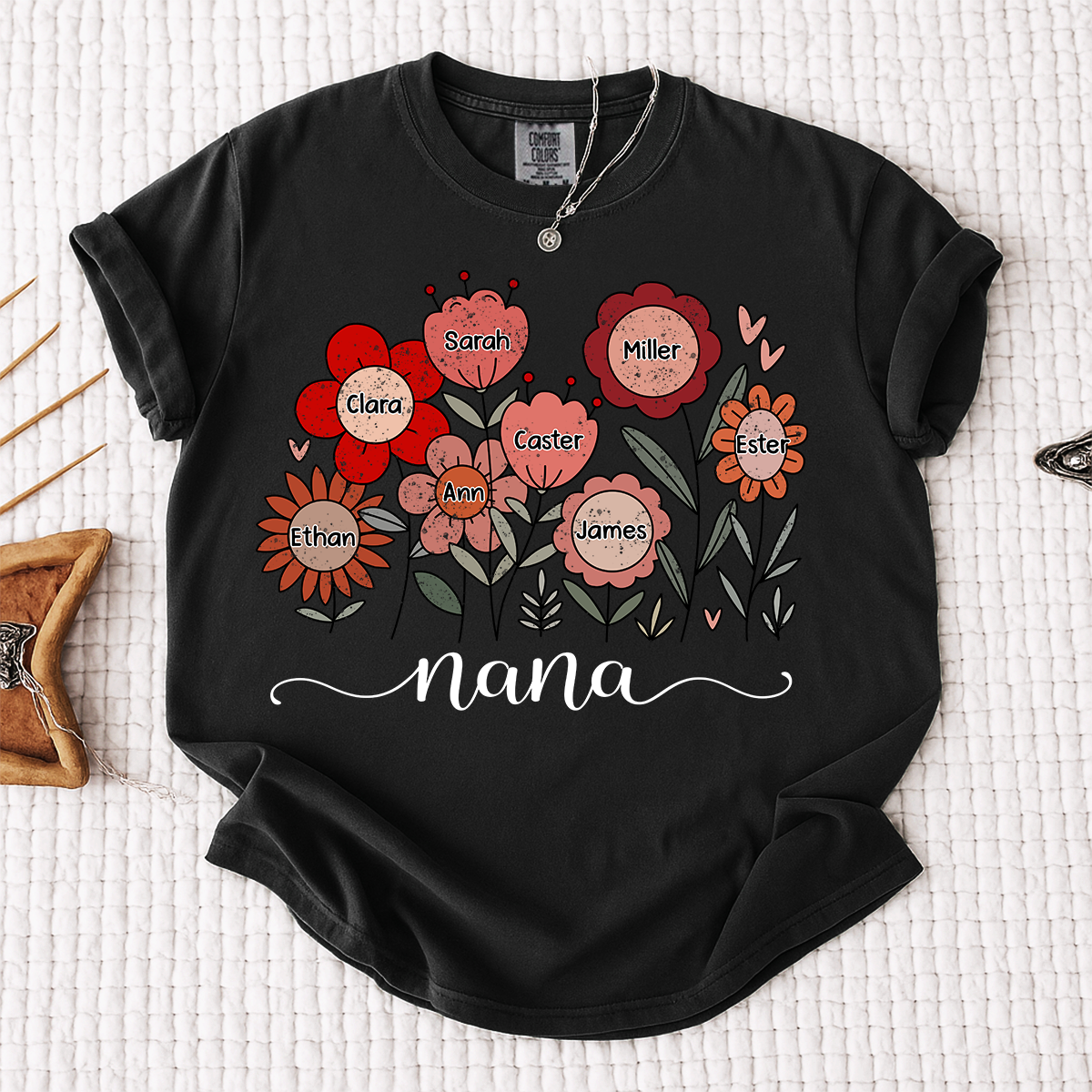 Comfort Colors Personalized Nana T Shirt, Custom Family Floral Design with Kids Names, Perfect Gift for Grandma