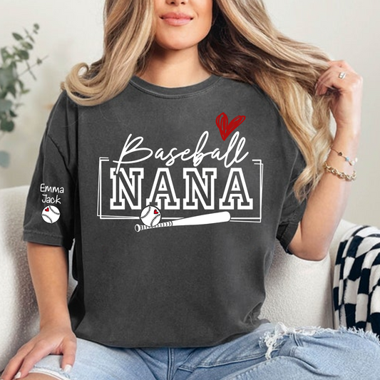 Proud Baseball Nana T Shirt, Personalized Family Sports Shirt with Bat and Heart Design