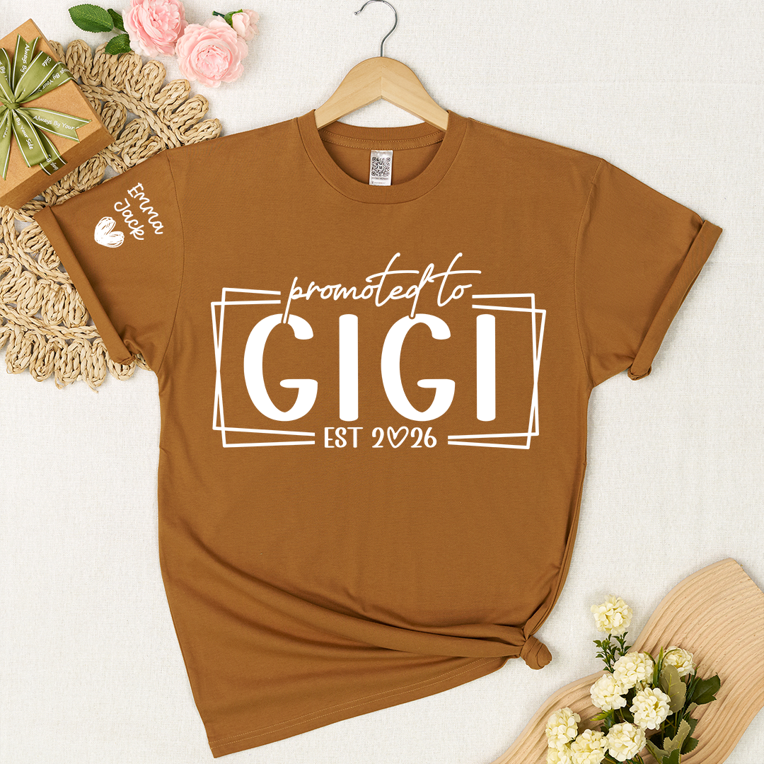 Promoted To Gigi Est 2026 Shirt, Personalized Grandkids Names Sleeve Tee, New Gigi Gift, First Time Grandma Announcement Shirt