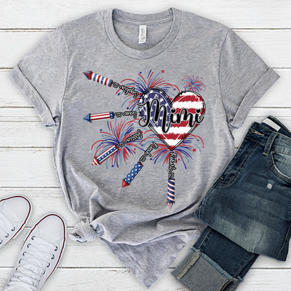 Patriotic Mimi Shirt with Firework Heart and American Flag Design for 4th of July