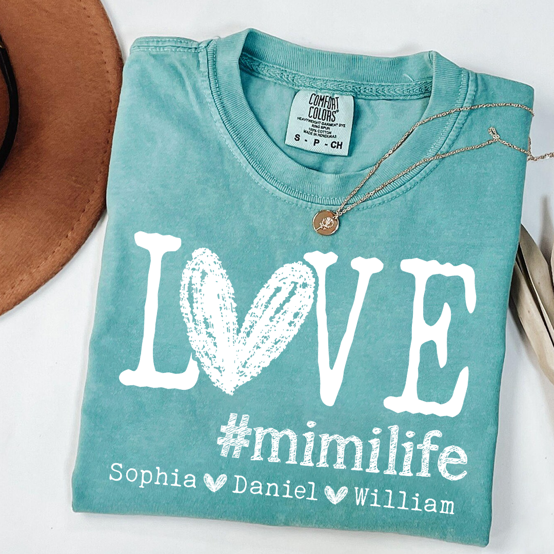Comfort Colors LOVE mimilife Shirt, Custom Grandmother T Shirt with Kids' Names, Personalized Mimi Shirt, Perfect for Mother's Day, Birthday