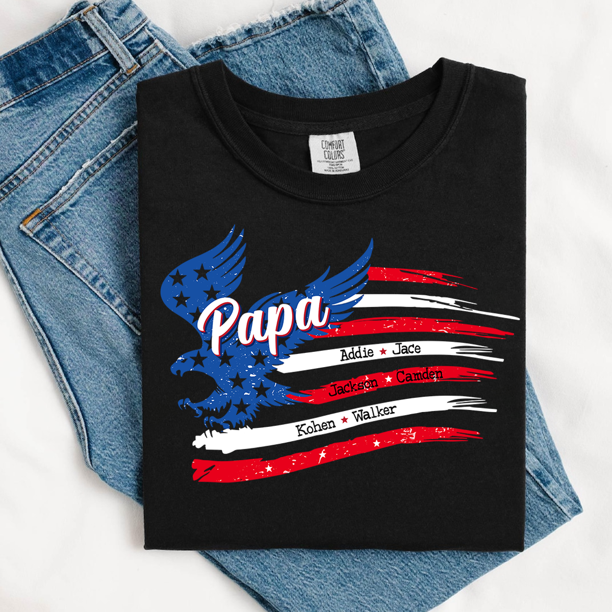 Comfort Colors® Personalized Papa Shirt, Eagle with Grandkids name Hands Flag T-Shirt, Custom Shirt for Fathers Day