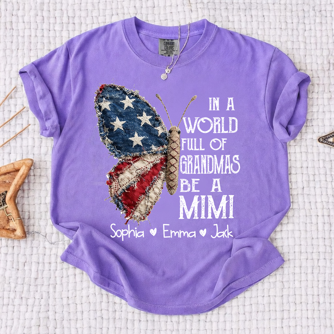 Comfort Colors Personalized Mimi Shirt – "In a World Full of Grandmas, Be a Mimi" Butterfly Design with Custom Family Names