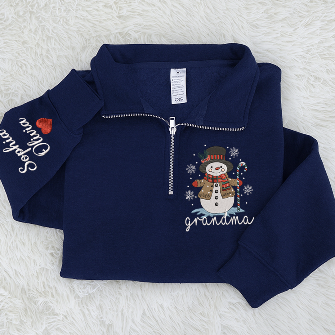 Personalized Grandma Christmas Quarter Zip, Custom Embroidered Snowman Sweater