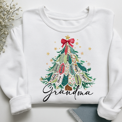 Personalized Grandma Christmas Sweatshirt, Custom Name Tree Ribbon Holiday Shirt
