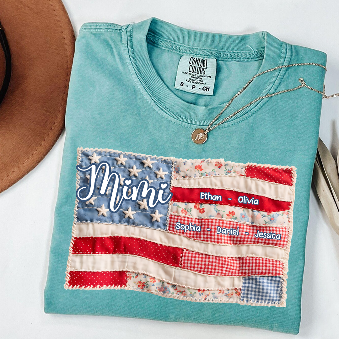 Comfort Colors Personalized Mimi Shirt with Family Names, Custom American Flag Design, Ideal Gift for Grandmother