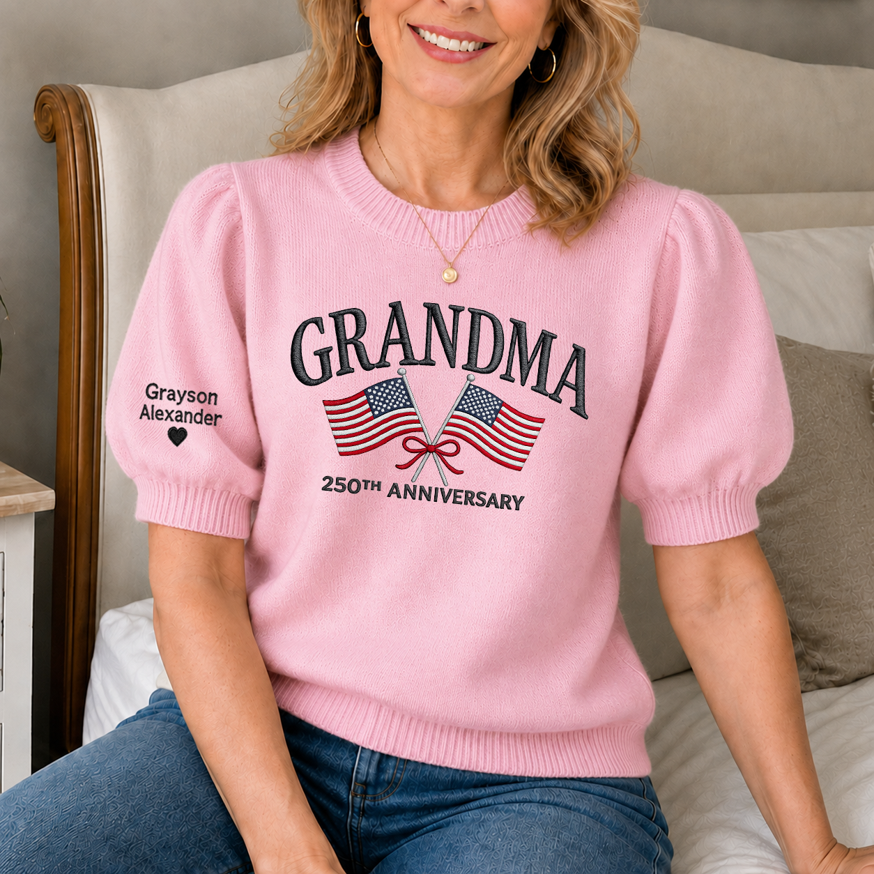 Custom Embroidered Grandma 250th Anniversary Knit Sweater, Personalized US Flag Crewneck, Custom Sleeve Names, Patriotic Grandma Gift