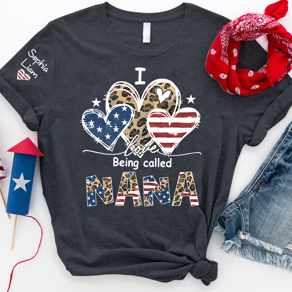 I Love Being Called Nana Shirt with Grandkids Names USA Flag and Leopard Heart Graphic Custom Family Name Tee