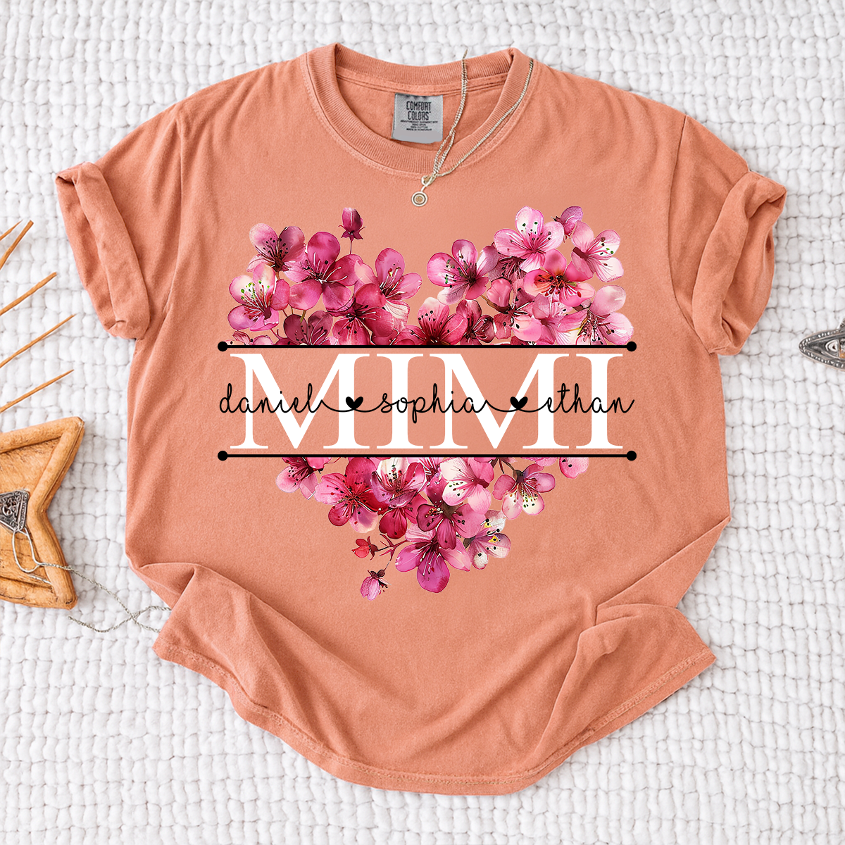 Comfort Personalized Mimi Shirt with Grandkids Names, Pink Floral Heart Family T Shirt