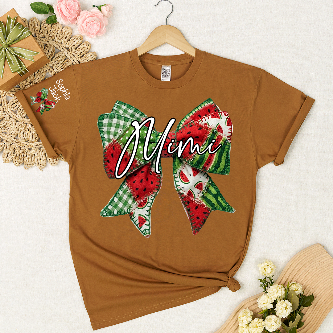 Mimi Watermelon Bow T-Shirt Personalized Grandma Shirt Summer Family Names Tee