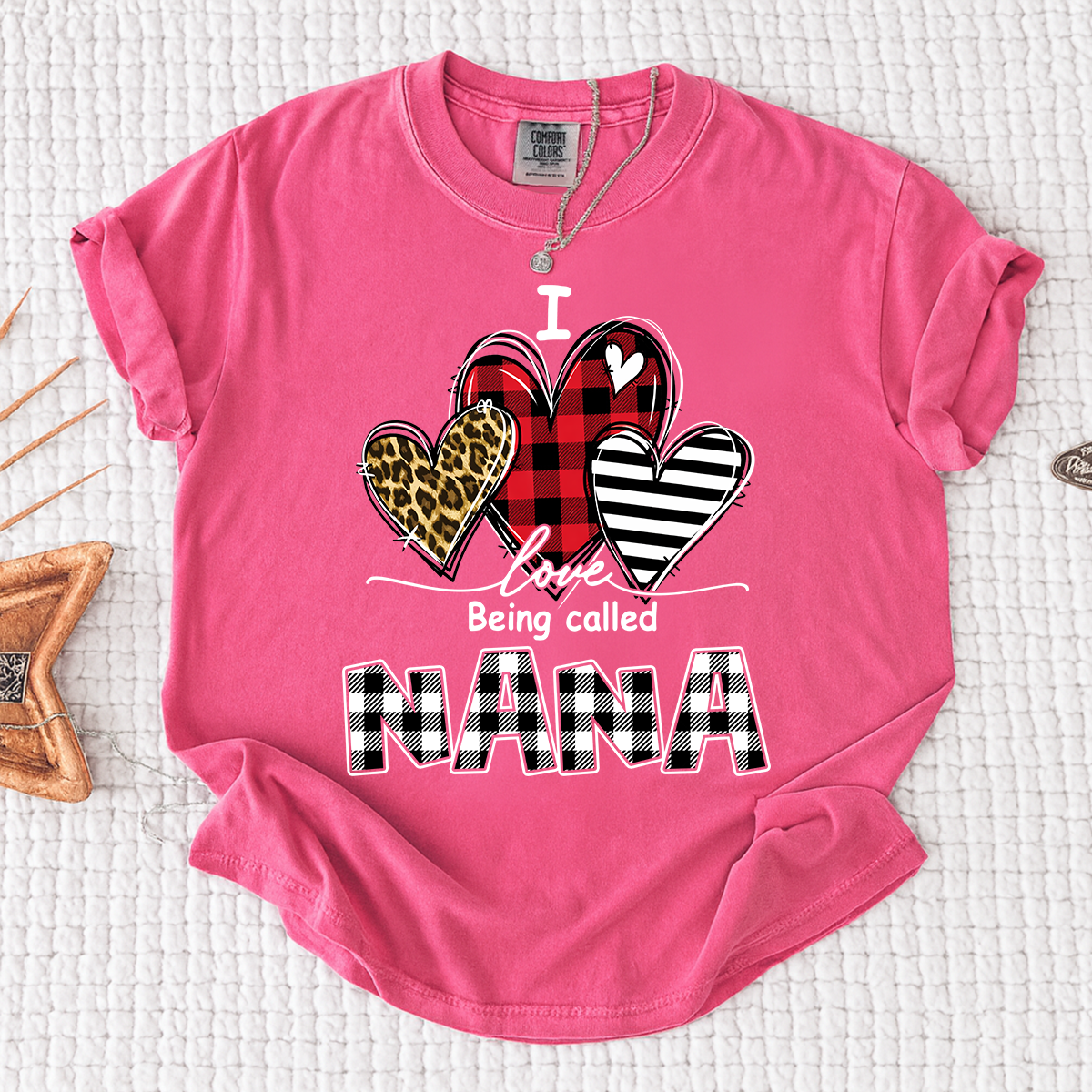 I Love Being Called Nana Leopard Print And Caro Shirt, Grandma Comfort Colors Personalized For Gift Grandma