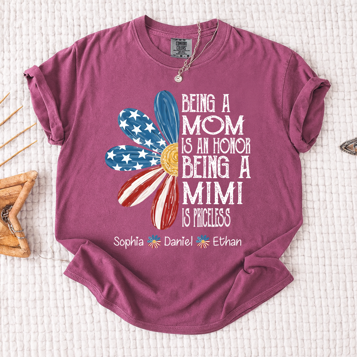 Comfort Colors Custom Mimi T Shirt with Grandkids Names USA Flag Daisy Graphic Being a Mom Is an Honor Mimi Is Priceless Family Name Personalized Apparel
