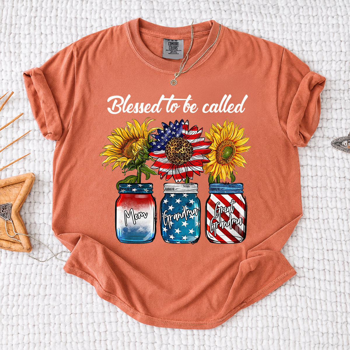Comfort Colors Personalized Blessed to be Called Shirt, Custom Names with Sunflower and Patriotic Jar Design