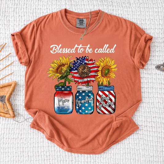 Comfort Colors Personalized Blessed to be Called Shirt, Custom Names with Sunflower and Patriotic Jar Design