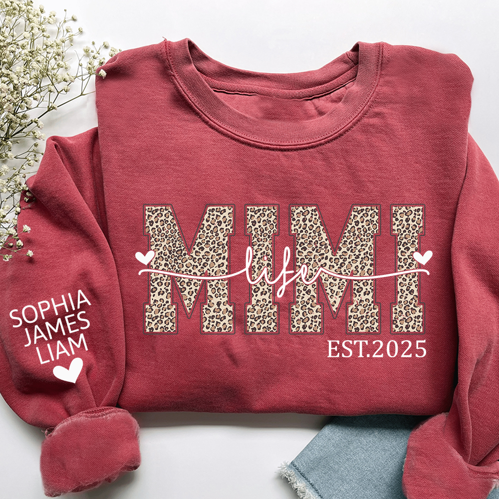 Mimi Life Leopard Sweatshirt, Personalized Grandma Est With Grandchildren Names
