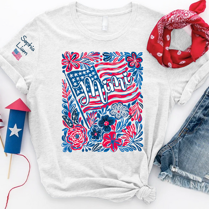 Personalized Mimi Shirt with Kids Names Patriotic Floral Design USA Flag Custom Family Tee