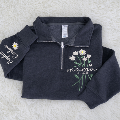 Custom Embroidered Mama Sweatshirt – Quarter Zip Floral Pullover for Mom