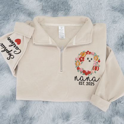 Custom Embroidered Nana Flower est Sweatshirt And Grandkids Quarter Zip Sweater