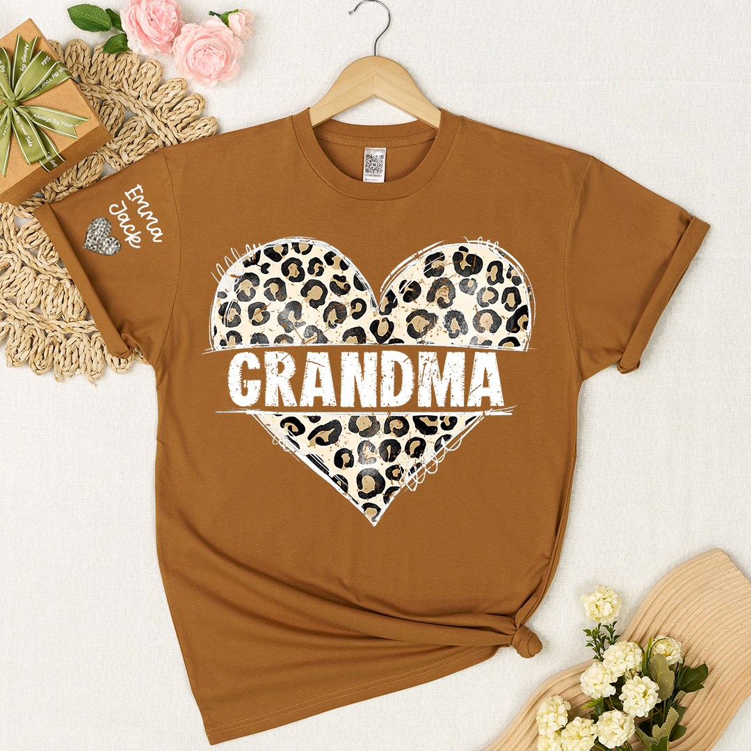 Leopard Heart Grandma Shirt, Personalized Grandkids Names Family T Shirt